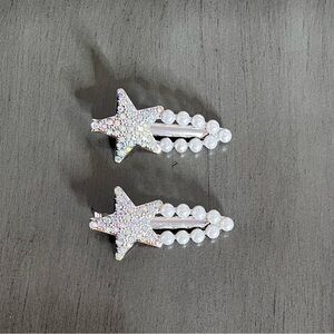 Silver Star White Pearl Allover Rhinestone Alligator Clip 2.5" Barrette Pair Set
